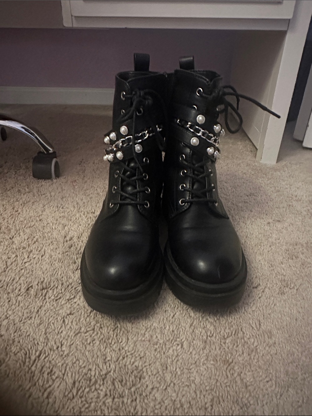 Black Lace-Up Combat Boots with Pearl & Chain Accent